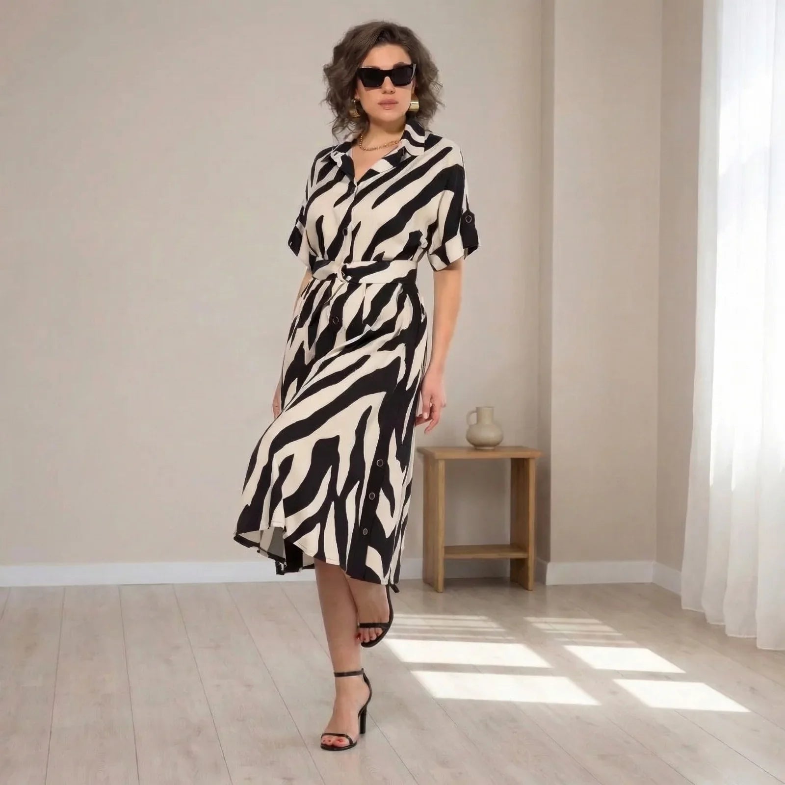 Vestido Marfim™ Longo Zebrado com Cintura Ajustável