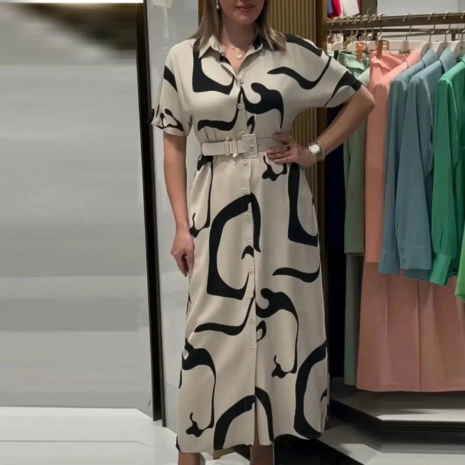 Vestido Chemise Ariane™ com Estampa Abstrata e Cinto Elegante