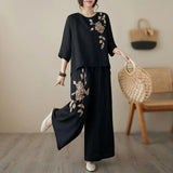 Conjunto Nicole™ em Linho de Algodão com Bordado Floral Delicado e Calça Pantalona