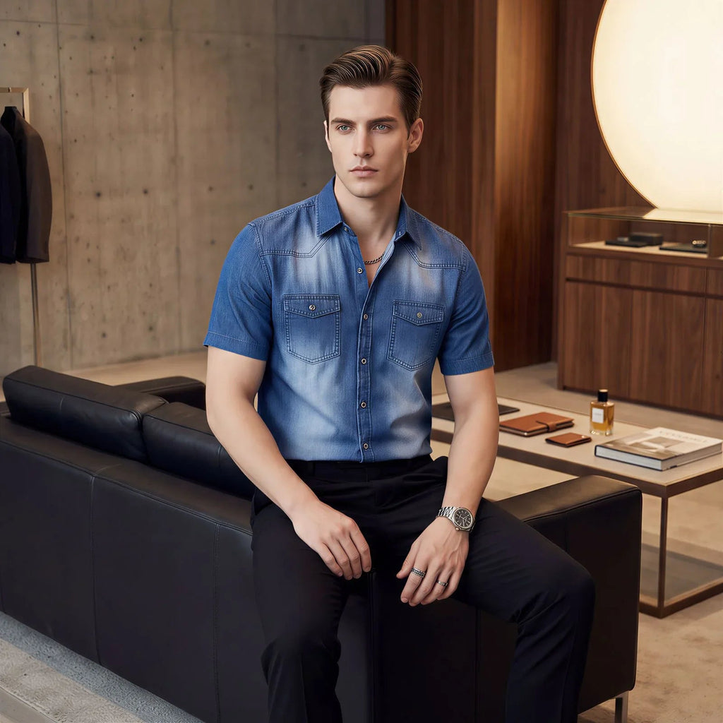 Camisa Vittorio™ em Denim Premium com Lavagem Degradê