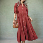 Vestido Campestre™ em Viscolinho com Babados e Botões Frontais / Leveza e Elegância para o Seu Dia a Dia