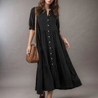 Vestido Campestre™ em Viscolinho com Babados e Botões Frontais / Leveza e Elegância para o Seu Dia a Dia