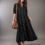 Vestido Campestre™ em Viscolinho com Babados e Botões Frontais / Leveza e Elegância para o Seu Dia a Dia