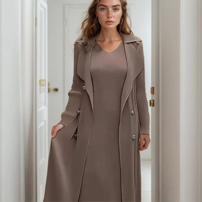 Vestido Dominique™ com Casaco Longo Chique Sobreposto / Para Mulheres Classudas que Valorizam Estilo, Praticidade e Presença!