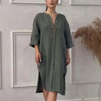 Vestido Copacabana™ em Linho de Algodão com Modelagem Solta / Elegância Tropical com Toque de Sofisticação Carioca!