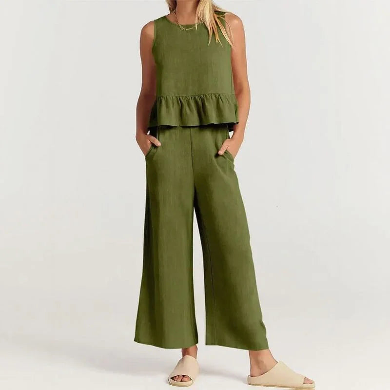 Conjunto Agatha™ Em Linho Misto com Babados / Minimalismo Elegante para Mulheres de Estilo!