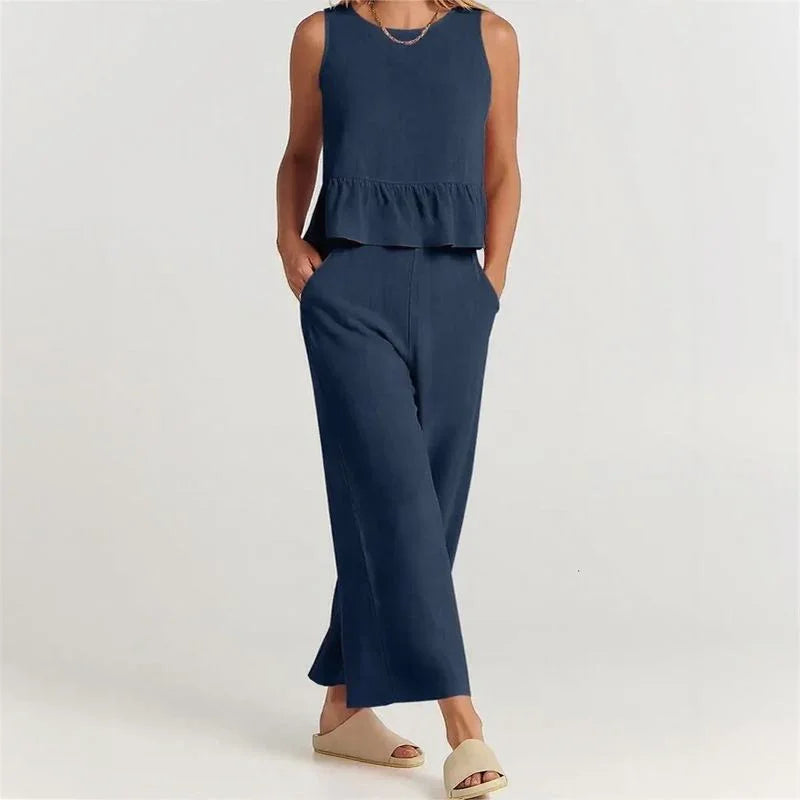 Conjunto Agatha™ Em Linho Misto com Babados / Minimalismo Elegante para Mulheres de Estilo!