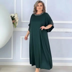 Vestido Helenna™ em Viscose com Pedrarias na Gola e Mangas / Elegância Clássica com Toque de Glamour para Todas as Ocasiões!