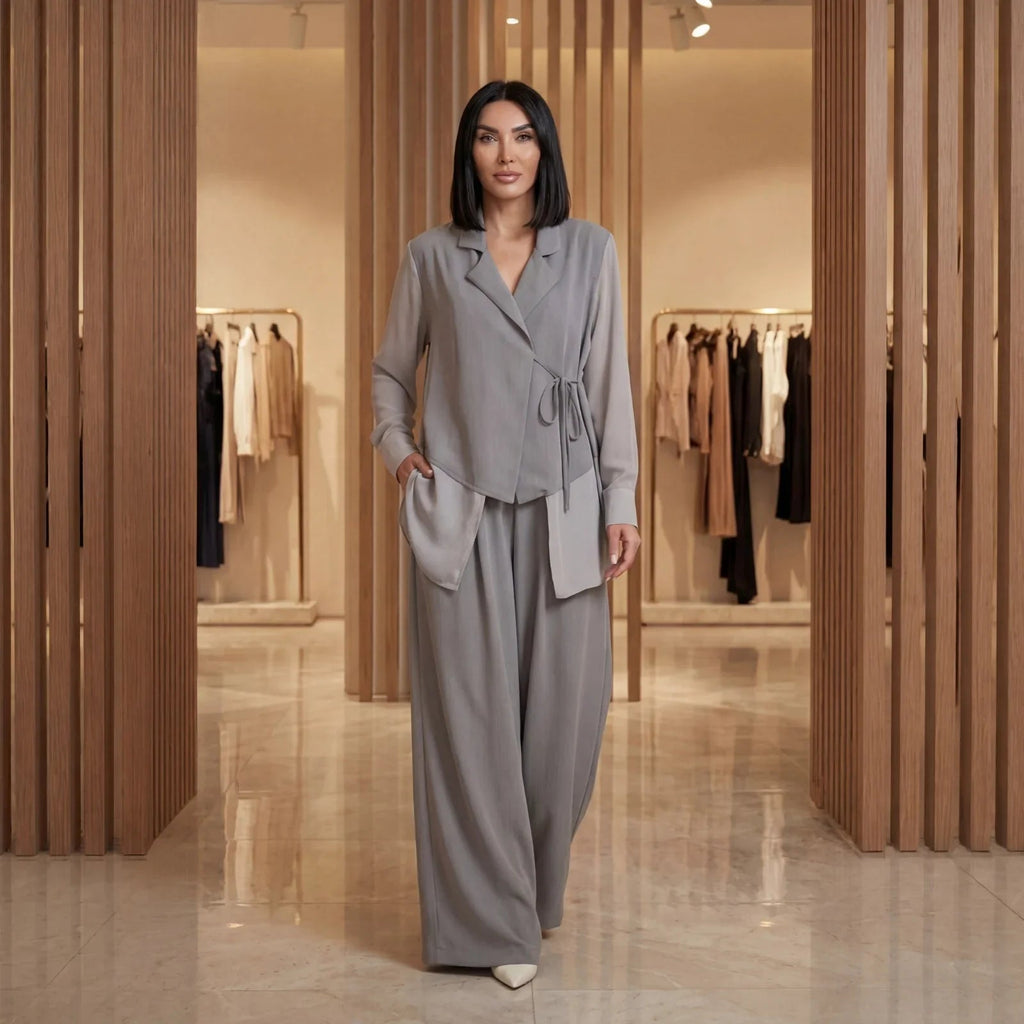 Conjunto Maison Class™ em Alfaiataria com Blazer Assimétrico e Pantalona Elegante!