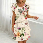 Vestido Floral Cremona™ com Design em Camadas e Mangas Levemente Bufantes
