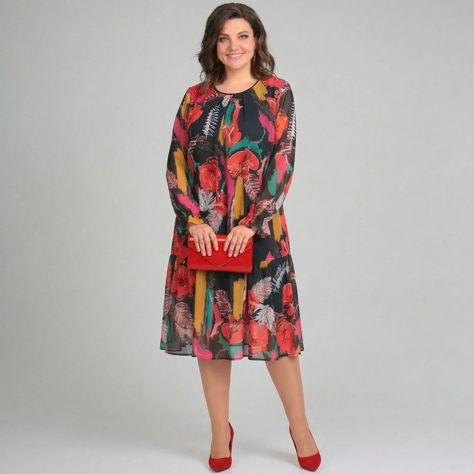 Vestido Gardênia™ com Mangas Fluidas e Estampa Vibrante