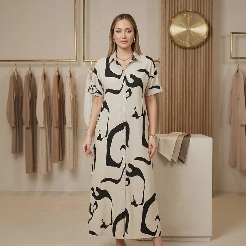 Vestido Chemise Ariane™ com Estampa Abstrata e Cinto Elegante