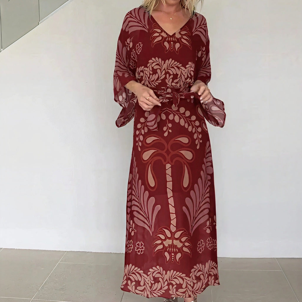 Vestido Kaftan Orlena™ com Estampa Artística e Cintura com Faixa Ajustável