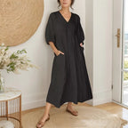 Vestido Alma Livre™ em Linho de Algodão com Gola V e Manga Ampla / Para Mulheres que Dançam com o Vento e Vestem Leveza!